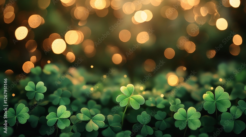 Wall mural Close-up view of clover leaves sparkling under golden light in a lush, vibrant setting