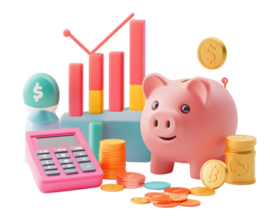 3D illustration of a piggy bank, calculator, coins, and a bar graph showing financial success, investment, and savings.