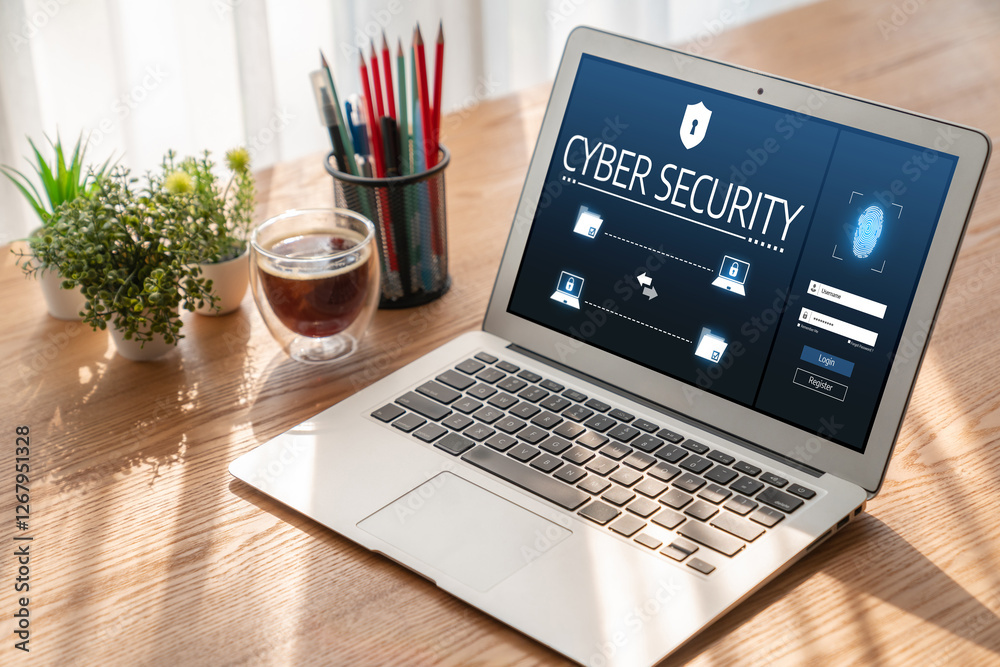 Poster cyber security system on computer screen protect private information snugly from hacker and cyber at