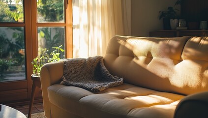 Sunlight Illuminates Cozy Living Room Sofa
