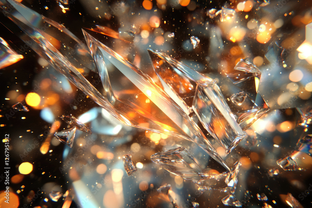 Poster Shattered crystal fragments explode in a vibrant display of light and color, creating a mesmerizing visual spectacle.