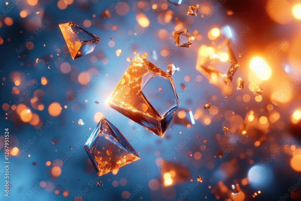 Poster Glowing shards of glass or crystals float in a dark blue space with bokeh lights.