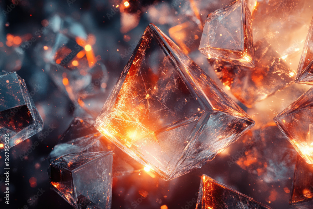Poster glowing, fiery crystal pyramids float in a dark, smoky environment, creating a dramatic and surreal 