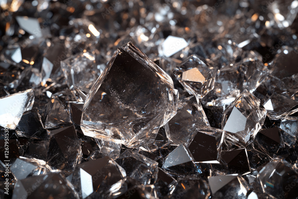 Poster a close-up view of numerous translucent crystals, showcasing their multifaceted structure and gliste