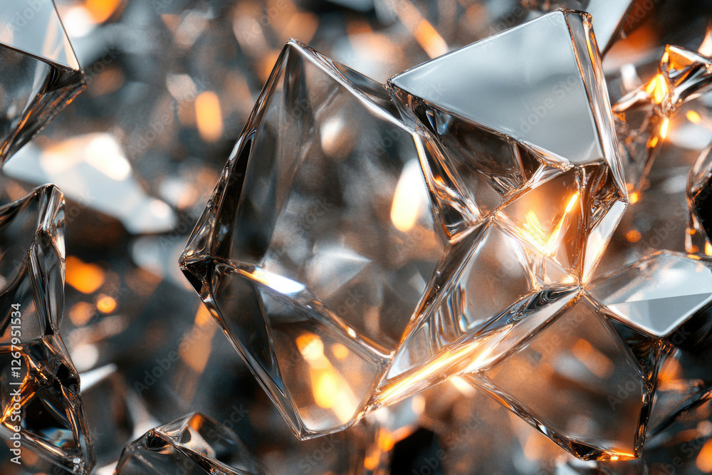 Poster glimmering facets of faceted crystals illuminated by warm light, creating an abstract, luxurious vis