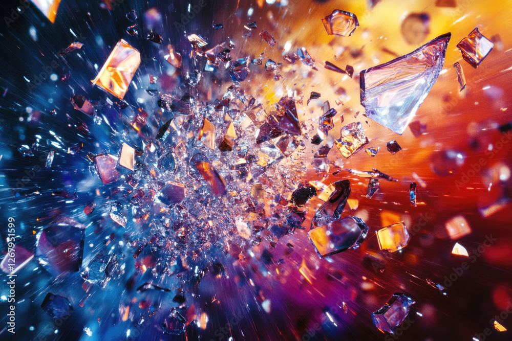 Poster shattered glass explodes in vibrant colors, a dynamic and colorful burst of fragments.