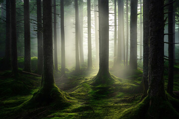 Fototapeta premium Mystical Green Forest with Fog - Serene Nature Landscape for Wallpapers, Blogs, and Travel Websites | Perfect for Nature Lovers & Adventure Enthusiasts