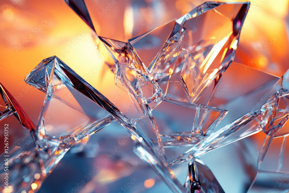 Poster shattered glass fragments create a captivating abstract image with warm, orange hues.
