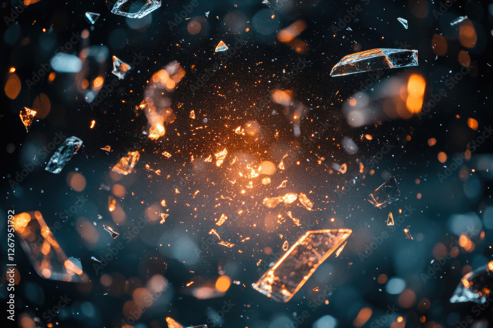 Aufkleber shattered glass pieces explode in a dark background with orange sparks, creating a dramatic and abst