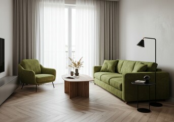 A modern minimalist living room with an olive green sectional sofa, a glass-top coffee table, and a large window with sheer white curtains.

