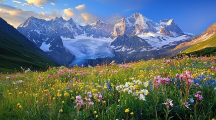 Fototapeta premium National Geographic Alpine meadow with wildflowers blooming beneath towering snow-capped peaks.