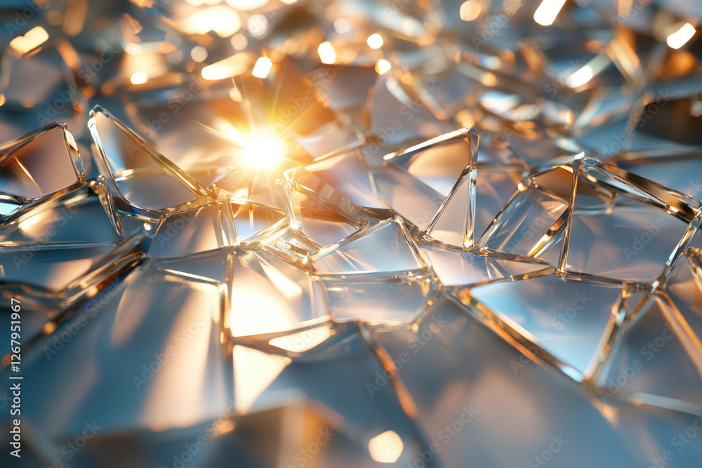 Fototapete shattered glass fragments illuminated by sunlight, creating a captivating abstract texture.