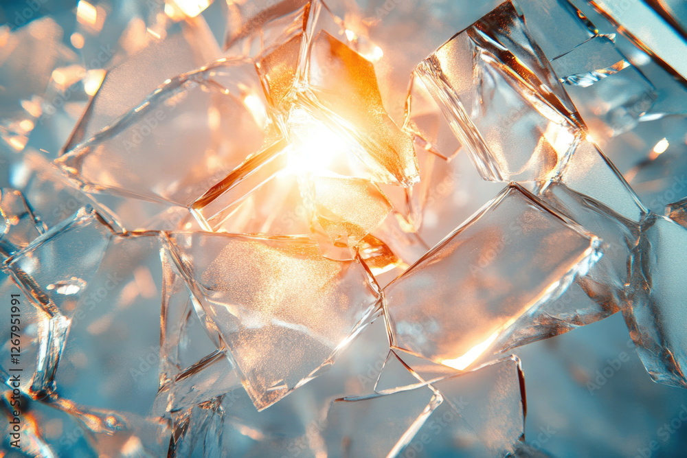 Poster Shattered glass fragments illuminated by warm light, creating a mesmerizing abstract image.
