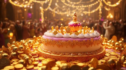 A lavish cake adorned with golden decorations and candles, surrounded by festive lights and coins, creating a celebratory atmosphere.