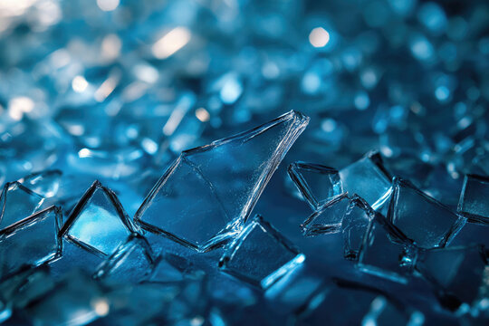 Close-up of shattered blue glass, sharp fragments scattered, reflecting light.