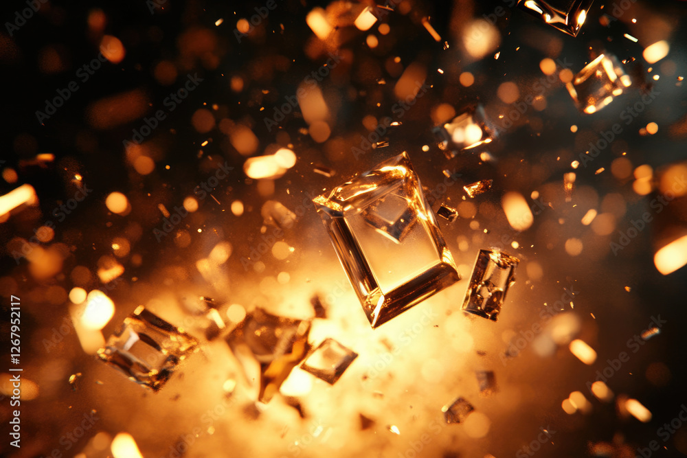 Poster Shattered golden crystals explode in a fiery, dark background, creating a dynamic and visually stunning scene.