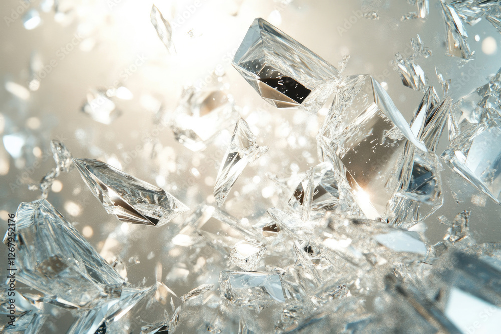Poster shattered glass fragments explode outwards, creating a dramatic and sparkling effect.