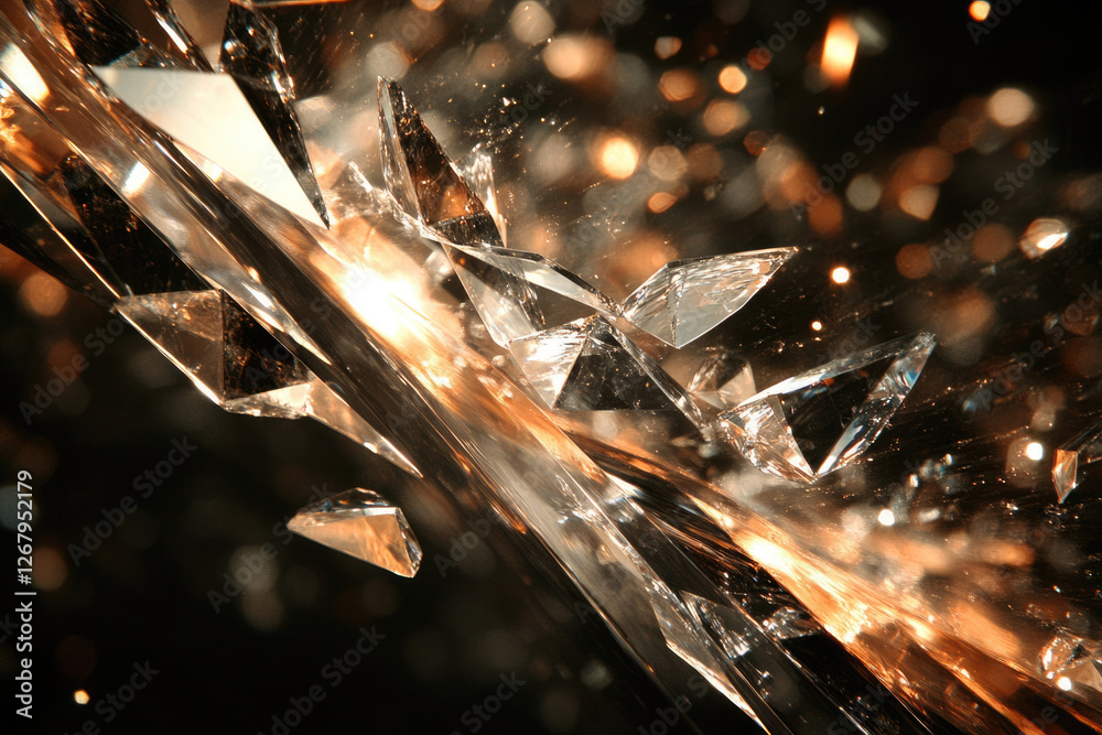 Poster shattered crystal shards with warm lighting, creating a dramatic and luxurious aesthetic.