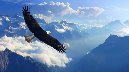 Fototapeta premium Majestic eagle soaring high above a vast mountain range, clouds below.