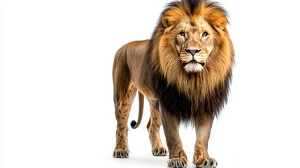 Obraz premium Majestic lion with a flowing mane standing proudly on a pure white background.