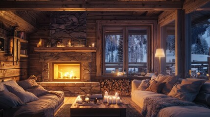 Cozy rustic cabin interior with a warm fireplace, wooden walls, and soft lighting.