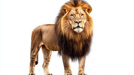 Obraz premium Majestic lion with a flowing mane standing proudly on a pure white background.