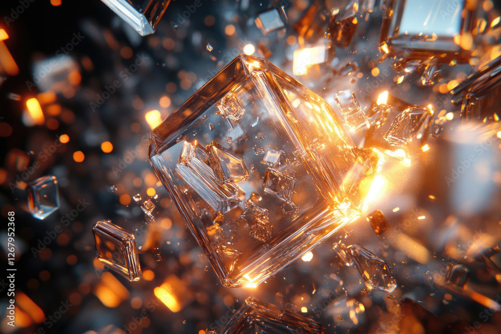 Aufkleber Exploding glass cube with fiery shards, a mesmerizing display of abstract destruction and energy.