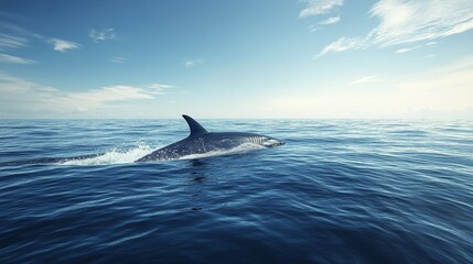 Fototapeta premium Shark leaps from ocean in bright blue water under sunny sky with scattered clouds