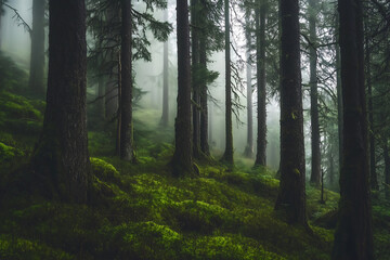 Fototapeta premium Mystical Green Forest with Fog - Serene Nature Landscape for Wallpapers, Blogs, and Travel Websites | Perfect for Nature Lovers & Adventure Enthusiasts