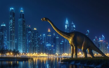 National Geographic Brachiosaurus towering over a city skyline, its long neck reaching up to nibble on the tops of skyscrapers