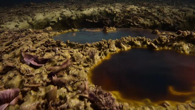 Visualization of the sedimentation of organic remains on the bottom of ancient seas, their transformation under pressure and temperature into hydrocarbons.