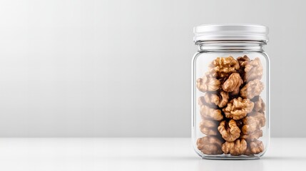 A glass jar filled with walnuts sits on a white surface against a white background.  A healthy and nutritious snack.