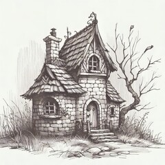 Fototapeta premium Enchanting fairytale medieval cottage with whimsical details, a perched owl, and a rustic charm, illustrated in vintage style