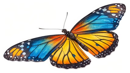 Fototapeta premium Blue Orange Butterfly Wings Isolated on White Background, Insect, Nature