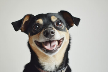 A funny and cheerful dog of orange and black color on a white background. Care concept, animal life, health, exhibition. Insulated
