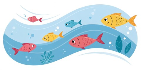 Obraz premium Cartoon Fish Swimming in Ocean Waves, Isolated on White Background, Aquatic Life, Underwater Scene