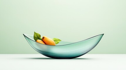 Elegant Glass Bowl with Fresh Yellow Fruits and Green Leaves on Soft Background