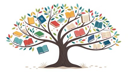 Fototapeta premium Colorful Book Tree Illustration Isolated on White Background, Reading, Knowledge