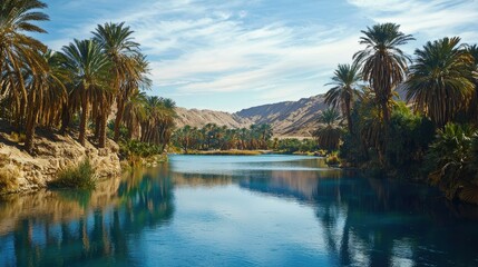 National Geographic A desert oasis with a calm blue lake surrounded by palm trees.