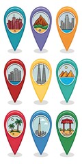 Colorful Location Pins Cityscapes, Landmarks, Isolated on White Background, location, marker