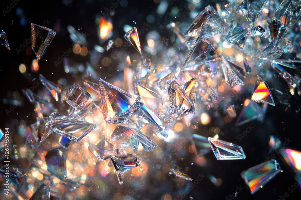 Aufkleber shattered glass fragments explode in a vibrant display of iridescent colors and light.