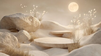 Serene Moonlit Desert Landscape With Stone Platforms