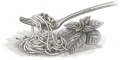Engraved Spaghetti on Fork with Basil, Isolated on White Background, Pasta, Italian Food
