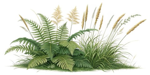 Fototapeta premium Fern and Grass Cluster, Isolated on White Background, Botanical Illustration, Nature Plant, Foliage