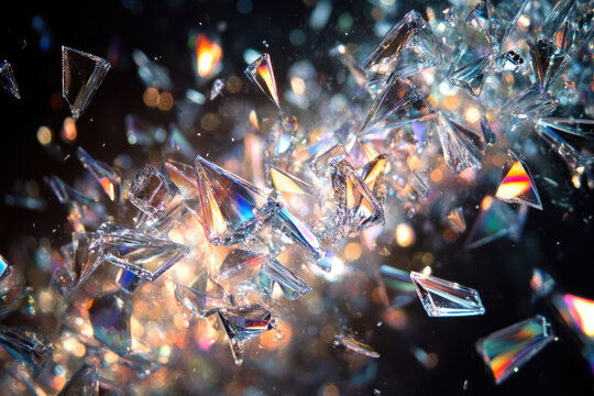Shattered glass fragments explode in a vibrant display of iridescent colors and light.
