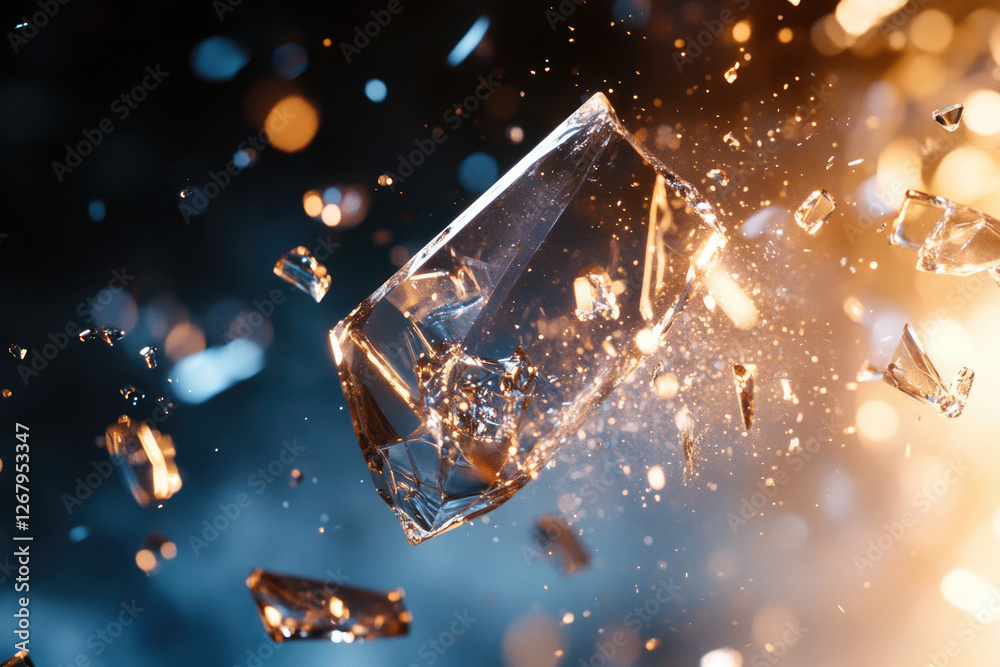 Poster Shattered glass explodes in a dramatic burst of light and sharp fragments, creating a visually stunning scene.