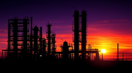 Fototapeta premium Silhouette of refinery at sunset.
