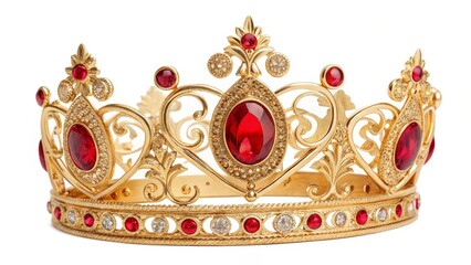 Golden Crown with Red Gemstones Isolated on White Background, jewelry, royal