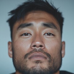 Obraz premium Close-up of an East Asian man showcasing deep emotions with striking details and soft lighting in a controlled atmosphere