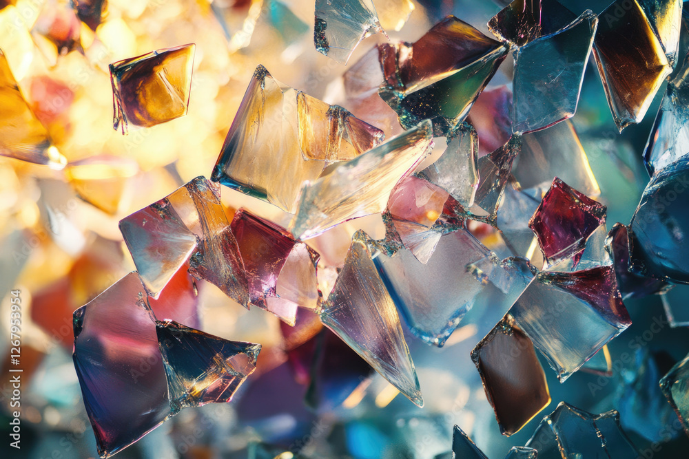 Aufkleber shattered iridescent glass fragments float, showcasing vibrant colors and sharp edges in dynamic mot